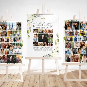 Celebration Of Life Funeral Poster White Greenery Gold Cross Photo Collage Funeral Sign Photo Memorial Sign Funeral Poster Photo Display Set