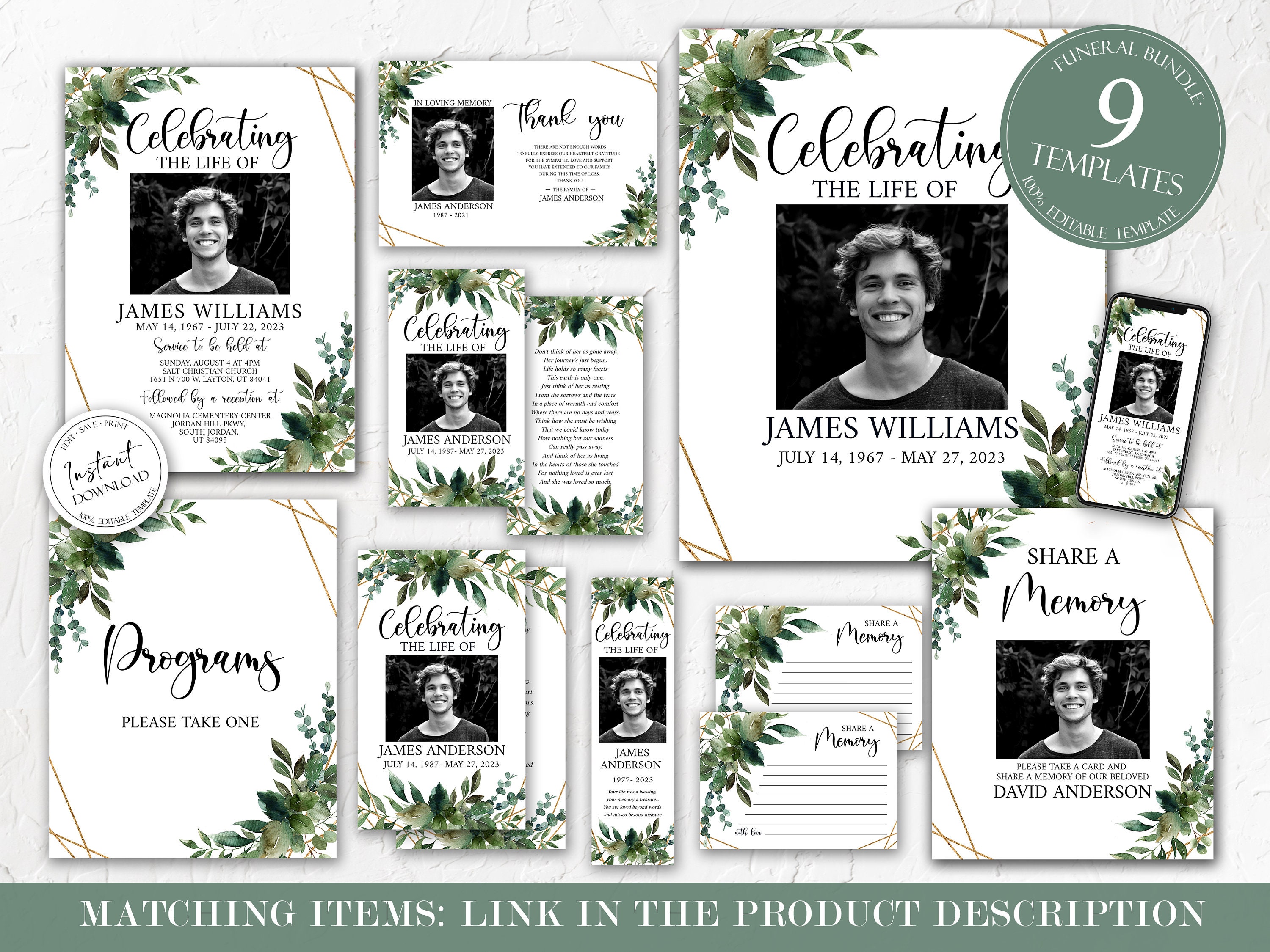 Printable Greenery Gold Funeral Thank You Card Template Celebration of ...