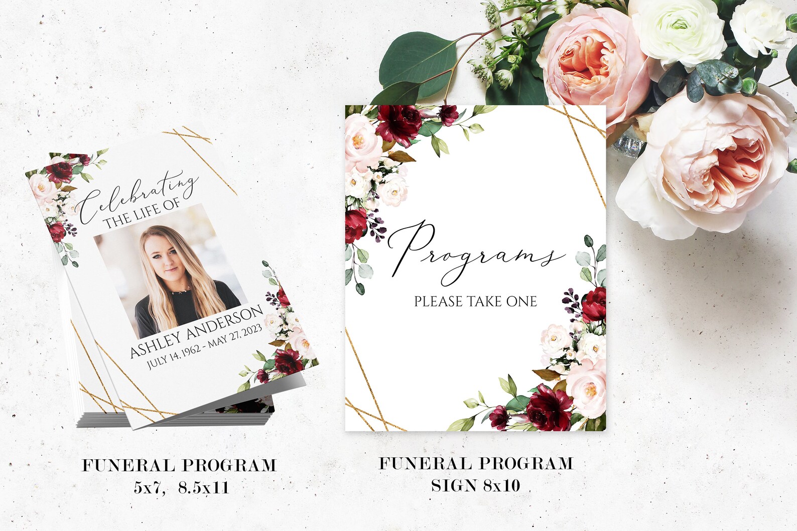 Red Roses Memorial Editable Funeral Bundle, Red Roses Memorial Package, Celebration of ...
