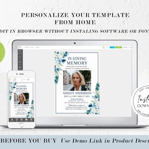 May include: A digital mockup of a blue and white floral memorial template with a photo of a woman. The text reads "In Loving Memory" and includes the name "Ashley Anderson" and dates "July 14, 1987 - May 27, 2021". The template is displayed on a laptop and a smartphone screen. The text "Edit, Save, Print, Instant Download" is visible in the lower right corner of the image.