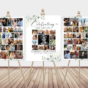 Celebration Of Life Funeral Poster, Editable Greenery Photo Collage Funeral Sign, Photo Memorial Sign, Funeral Poster Photo Display Set G1