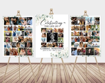 Celebration Of Life Funeral Poster, Editable Greenery Photo Collage Funeral Sign, Photo Memorial Sign, Funeral Poster Photo Display Set G1