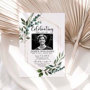 May include: A white memorial card with a gold geometric frame and green foliage. The card reads "Celebrating the Life of James Williams May 14, 1967 - July 22, 2023 Service to be held at Sunday August 4 at 9:00 am Salt Christian Church 1611 N 700 W, Layton, UT 84041 followed by a reception at Magnolia Cemetery Center Jordan Hill Drive South Jordan, UT 84095". A black and white photo of a man is in the center of the card.