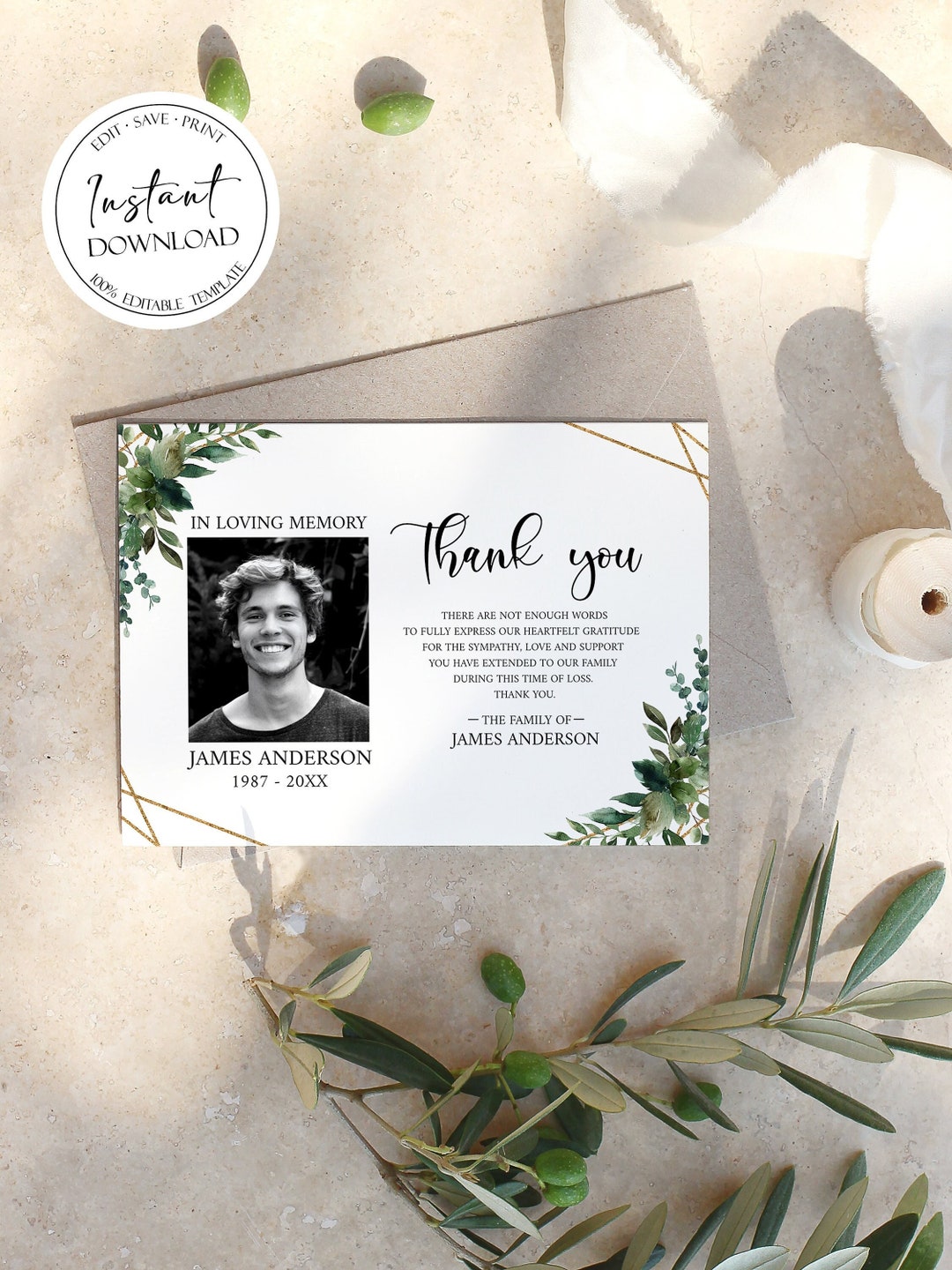 Printable Greenery Gold Funeral Thank You Card Template Celebration of ...
