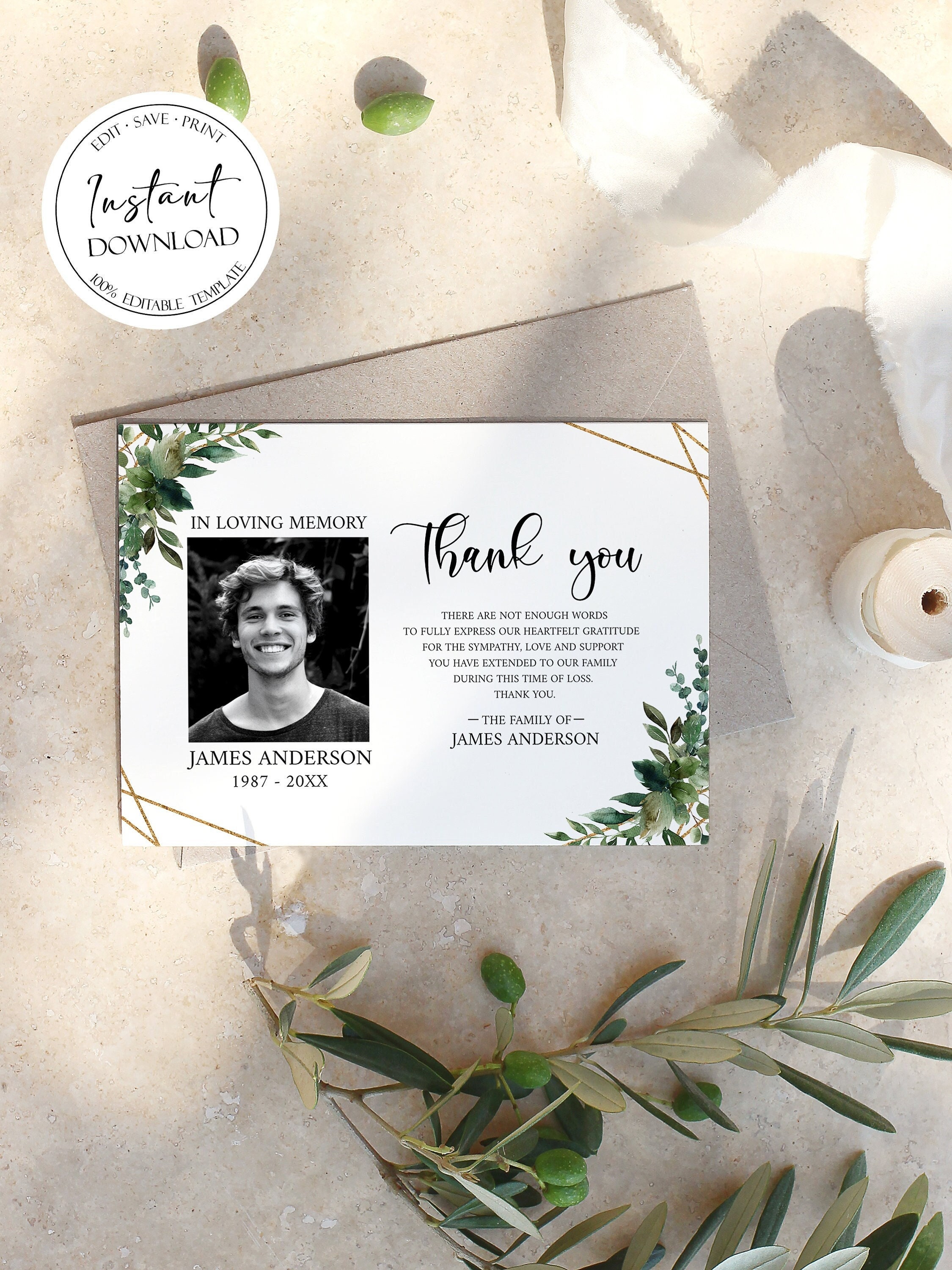 Printable Greenery Gold Funeral Thank You Card Template Celebration of ...