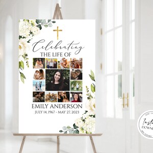 K&ouml;nnte beinhalten: Ein wei&szlig;es Poster mit einem goldenen Kreuz und einem floralen Rand. Der Text "Celebrating the Life of Emily Anderson July 14, 1967 - May 27, 2023" ist auf dem Poster gedruckt. In der Mitte des Posters befindet sich eine Fotocollage.