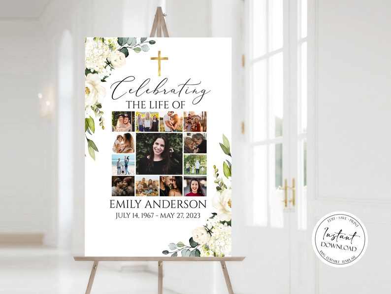 K&ouml;nnte beinhalten: Ein wei&szlig;es Poster mit einem goldenen Kreuz und einem floralen Rand. Der Text "Celebrating the Life of Emily Anderson July 14, 1967 - May 27, 2023" ist auf dem Poster gedruckt. In der Mitte des Posters befindet sich eine Fotocollage.