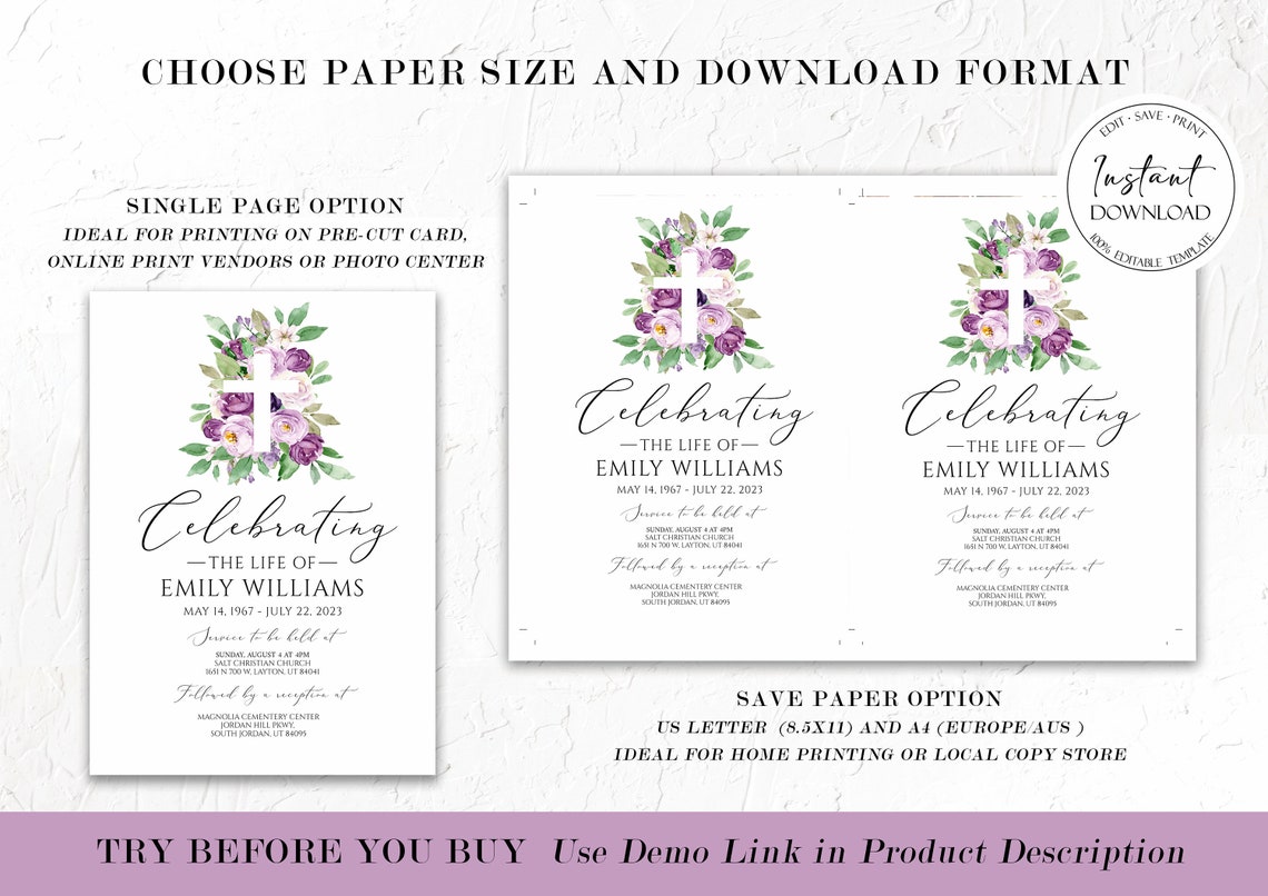 Celebration of Life Invitation Purple Flower Cross Funeral - Etsy