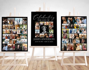 Affiche funéraire de célébration de la vie, panneau funéraire de collage de photos noires modifiables, panneau commémoratif de photos, affiche funéraire noire, ensemble d'affichage de photos B3