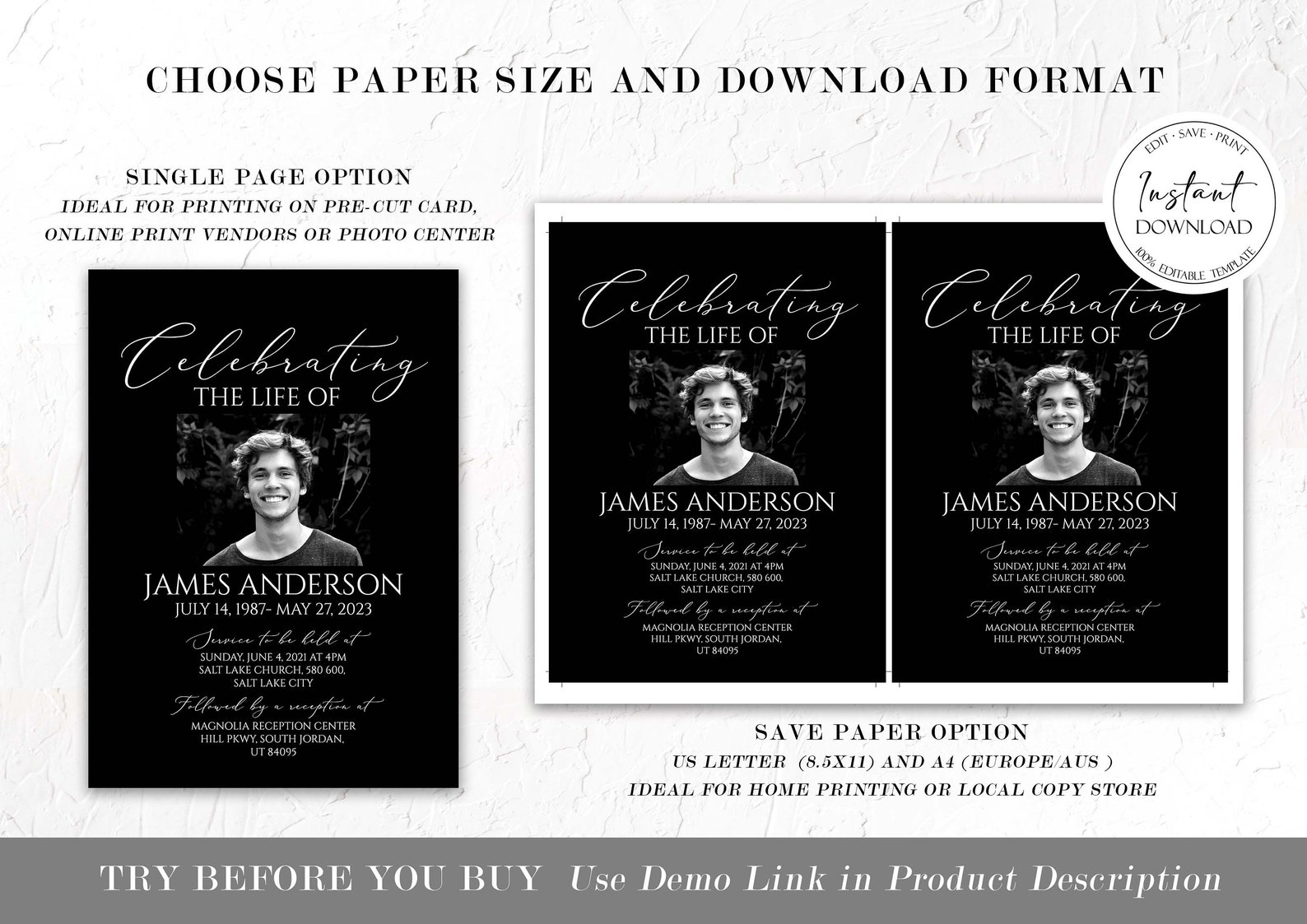 Celebration of Life Invitation Template Black Funeral Etsy