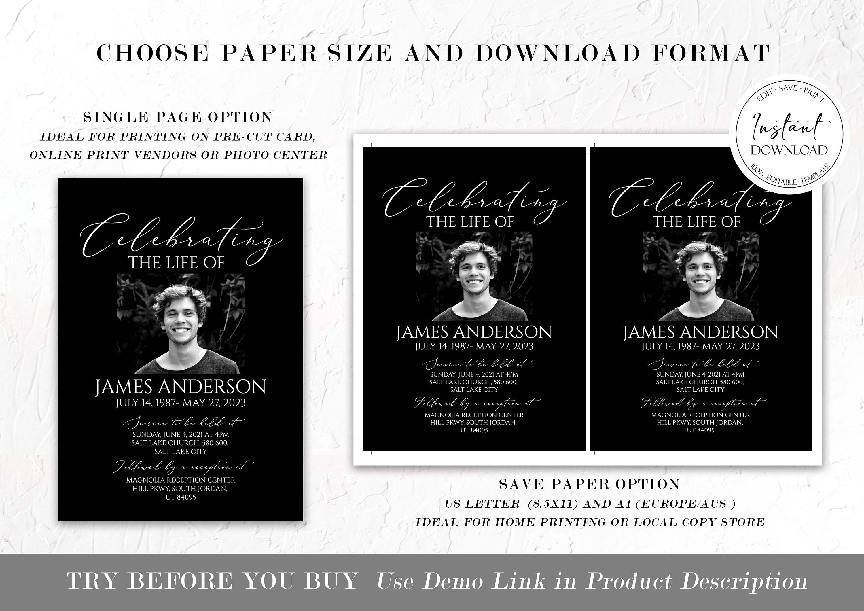 Celebration of Life Invitation Template Black Funeral Etsy