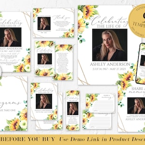 Editable Funeral Bundle, Memorial Package, Celebration of Life Package, In Loving Memory Suite, Funeral Templates Bundle, Sunflower Funeral