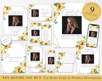 Editable Funeral Bundle, Memorial Package, Celebration of Life Package, In Loving Memory Suite, Funeral Templates Bundle, Sunflower Funeral