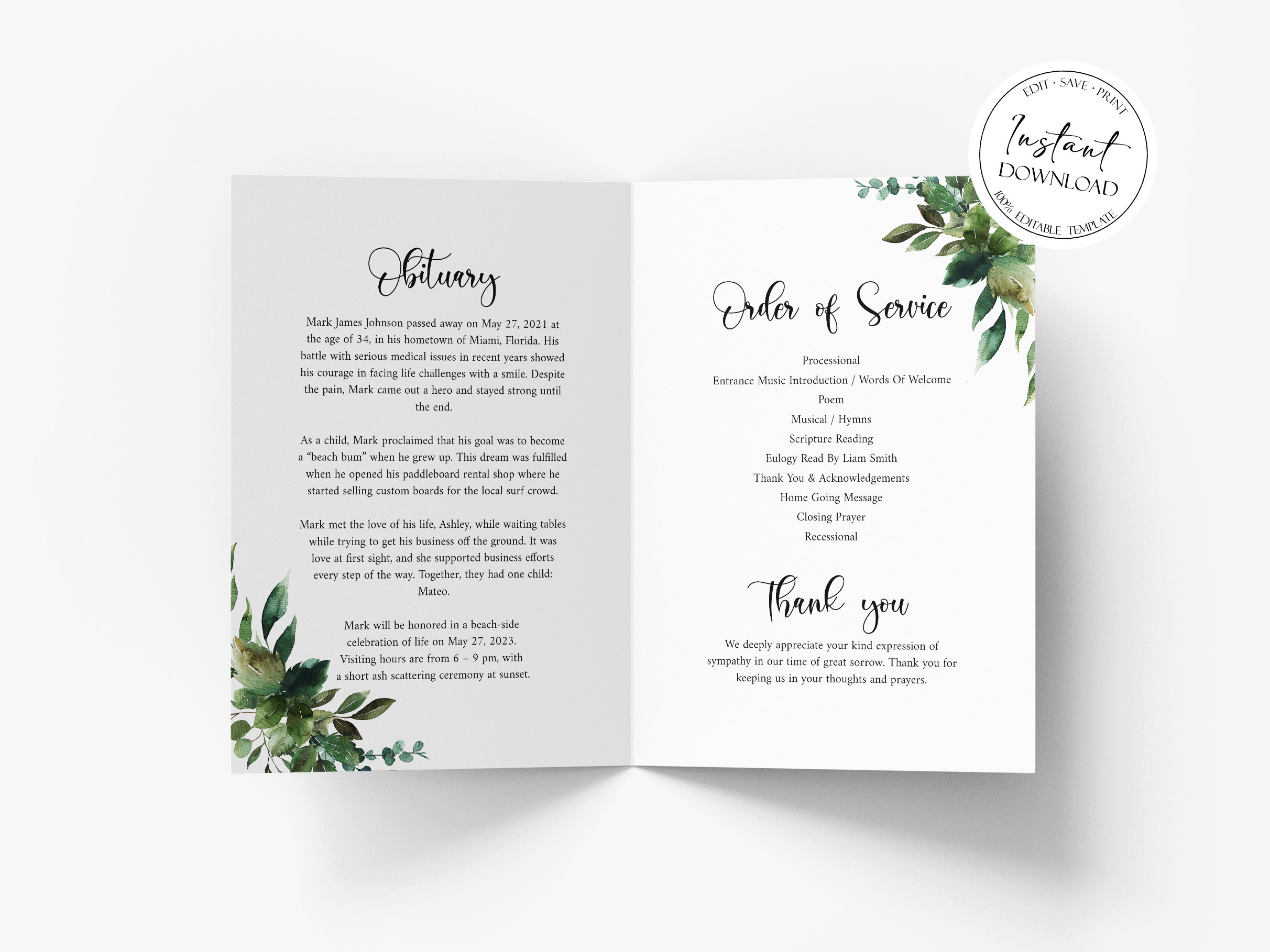 Obituay Programs Celebration of Life Funeral Program Template, Funeral Brochure ...