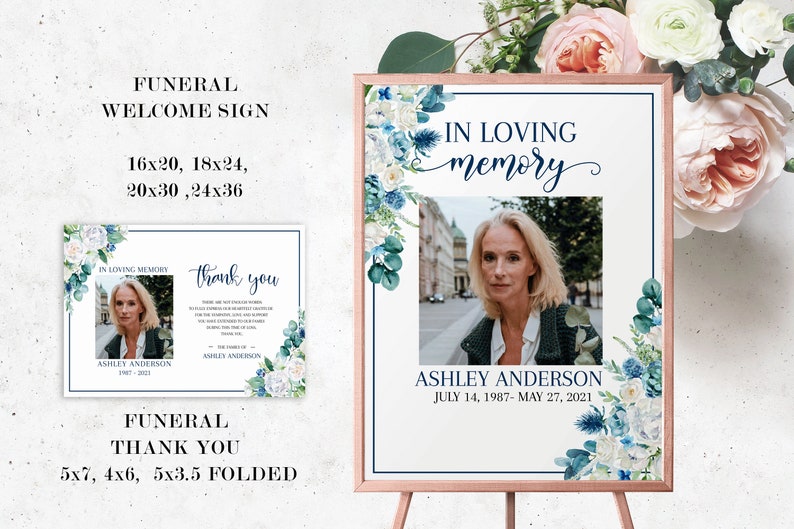 May include: Funeral welcome sign with a photo of a woman and floral design. The sign reads "In loving memory" and "Ashley Anderson, July 14, 1987 - May 27, 2021".