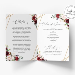 11x17 Red Roses Funeral Program Template, Celebration of Life Memorial ...