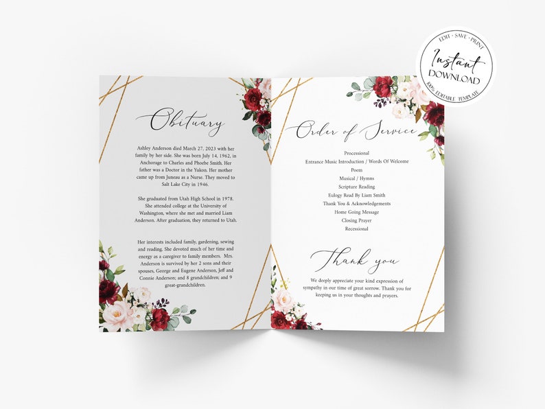 11x17 Red Roses Funeral Program Template Celebration of Life - Etsy