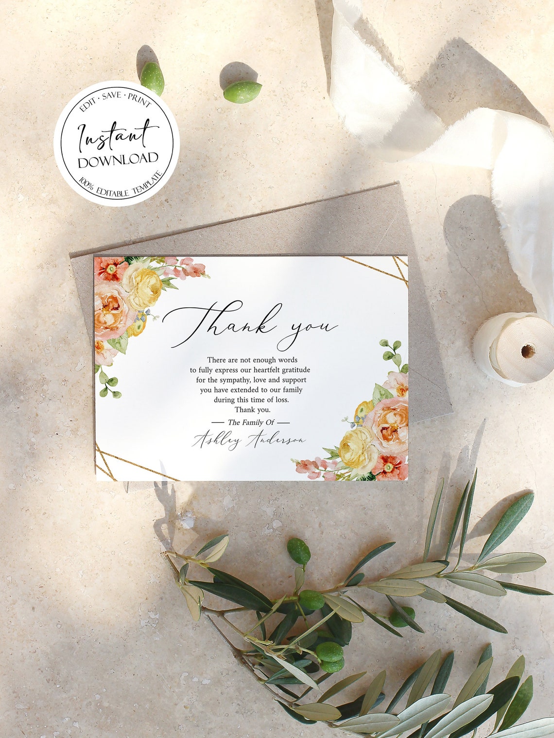 Elegant Floral Funeral Thank You Card, Celebration of Life Funeral ...