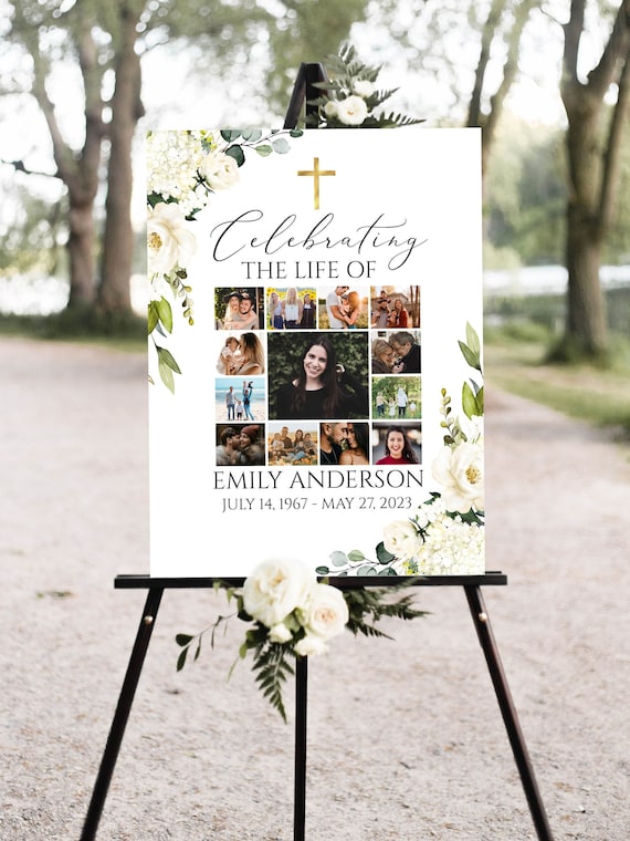 Celebration Of Life Multiple Photos Funeral Welcome Sign, Editable White Greenery Collage Funeral Poster, Gold Cross Photo Memorial Sign