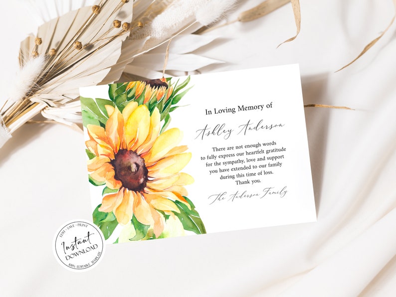 Sunflower Funeral Thank You Cards Editable in Loving Memory | Etsy