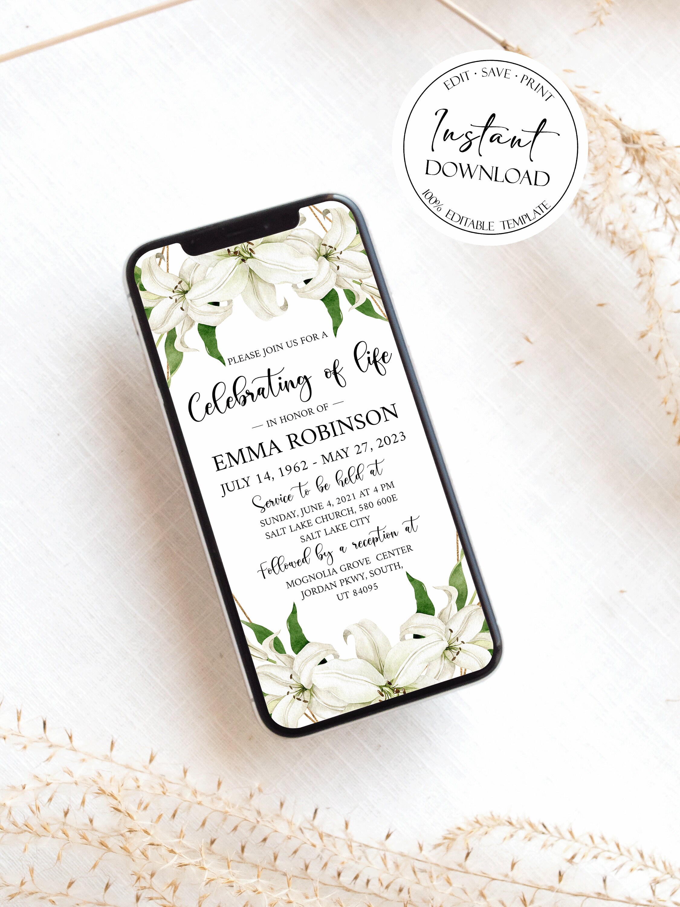 Digital Celebration of Life Invitation White Lilies Memorial Etsy