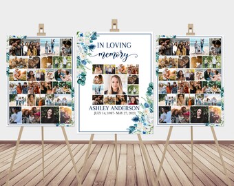 May include: Two white photo collage posters with blue floral borders and a single white poster with a blue floral border. The photo collages feature a variety of photos of a person. The white poster has the text "In loving memory" and "Ashley Anderson July 14, 1987 - May 27, 2021". The posters are displayed on wooden easels.