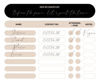 Printable Hen Do Guest list planner tracker