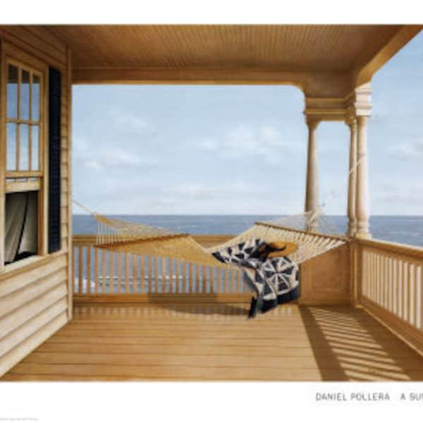 A Summer Place | Daniel Pollera | ocean | porch | hammock | decorative | wall decor | hat |  beige | blue | coastal |