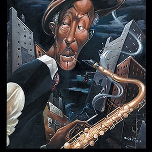 May include: A painting of a man playing a saxophone in a city setting. The man is wearing a brown hat and a dark suit. The saxophone is gold and has a long neck. The city is depicted in the background with tall buildings and a dark sky.