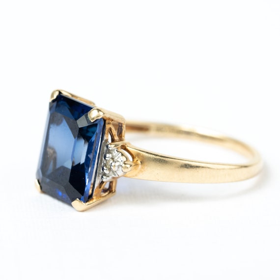 Vintage blue glass gem gold ring with diamonds ac… - image 5