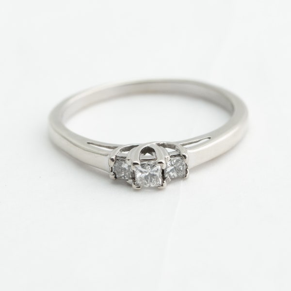 Three Stone Diamond Ring, Princess Cut, 14k White Gold, Ring Size 7.25, Engagement Ring