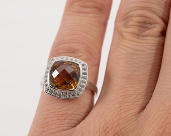 Citrine gemstone ring, 10k white gold ring, Quartz halo, Finger size 7, STAUR