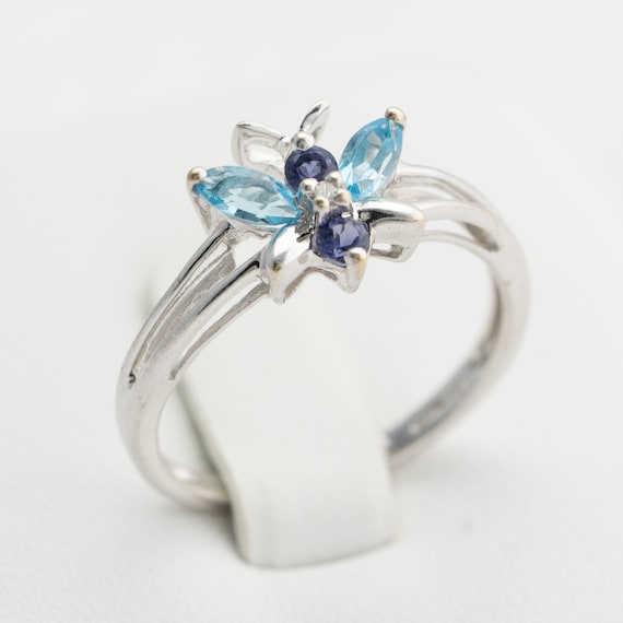 10k white gold ring with blue topaz and tanzanite gemstones butterfly ring