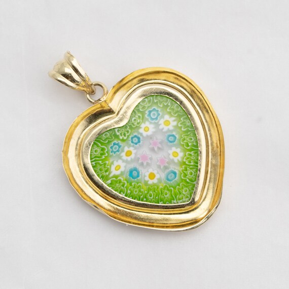 14k Heart Shape Pendant Murano Green Glass Flower… - image 7