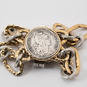Double Link Bracelet, Republica Portuguesa 1965 Coin Bracelet, 7&quot; inches Length, 1 Inch coin, 24k gold and sterling plate, Magnetic bar
