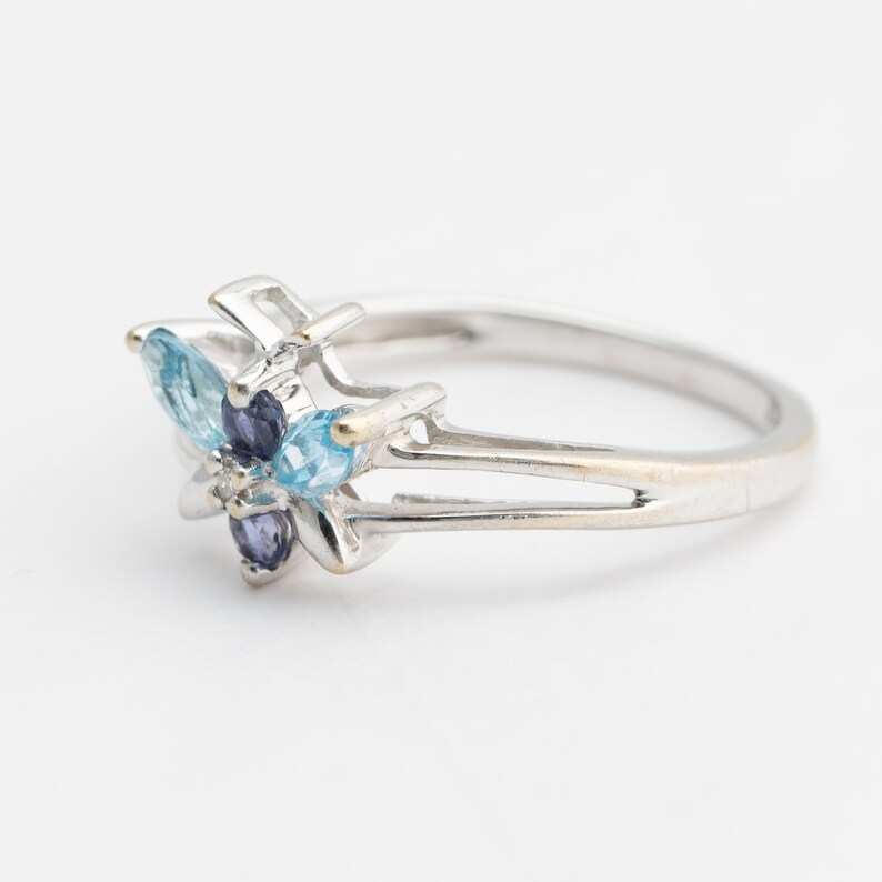 Pu&ograve; includere: Un anello d'argento con un design delicato che presenta pietre preziose blu e viola. L'anello ha una fascia semplice e una montatura di ispirazione floreale.