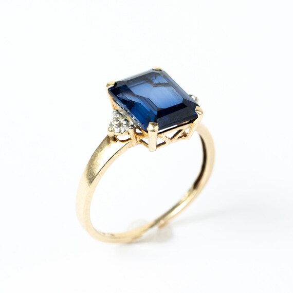 Vintage blue glass gem gold ring with diamonds ac… - image 8