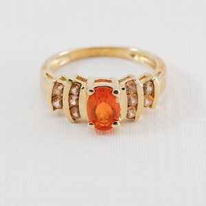 Mexican Fire Opal Ring 14k Yellow Gold with Smokey Quartz accents, Ring Size 6