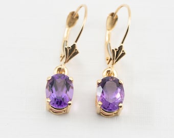 Amethyst Dangle Earrings 14k Yellow Gold, 6x8mm, 1 inch drop