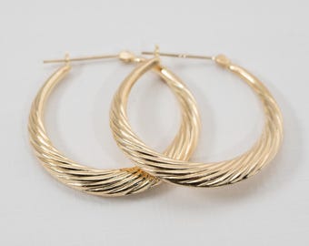 14k Yellow Gold Hoops, Vintage Earrings, Twisted Ridges