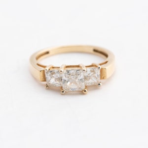 3 Stone CZ Ring, 14k Yellow Gold Ring, Princess Cut CZ Stones, Ring Size 6