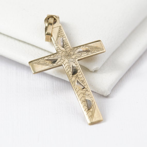 Vintage 10k yellow gold cross |Floral pattern | R… - image 2