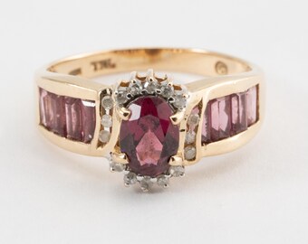 Rhodolite and Diamond Gemstone Ring, 5x7mm Oval, 14k Yellow Gold, Ring Size 7