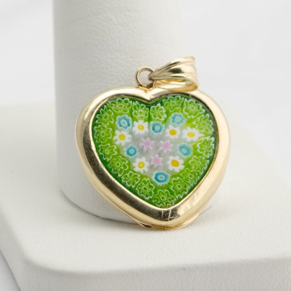 14k Heart Shape Pendant Murano Green Glass Flower… - image 8