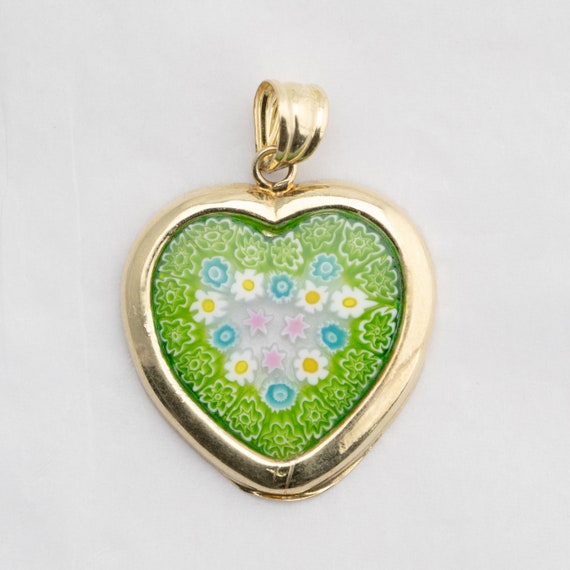 14k Heart Shape Pendant Murano Green Glass Flower… - image 1