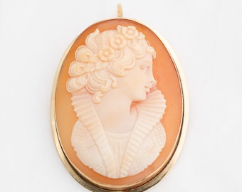 Large Cameo Pendant and Brooch Pin 14k Yellow Gold 43x32mm