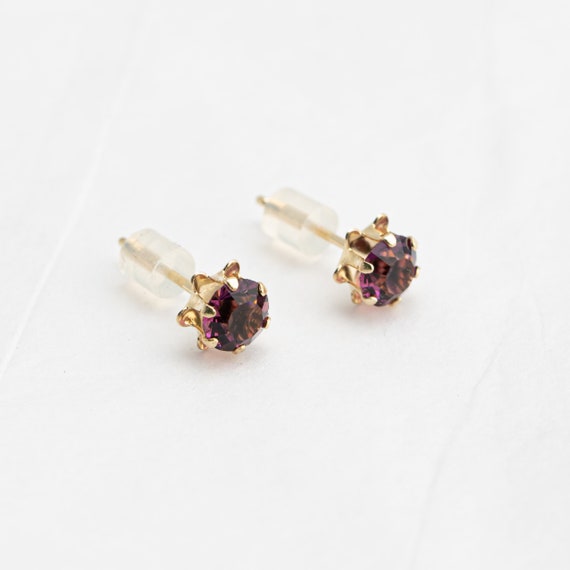 Purple Glass Stud Earrings 14k Yellow Gold Push B… - image 1