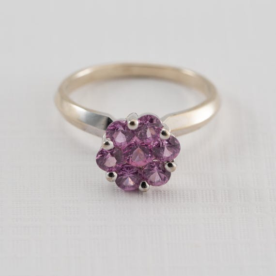 Pink Sapphire Cluster Ring 14k White Gold, Ring Size 5.25