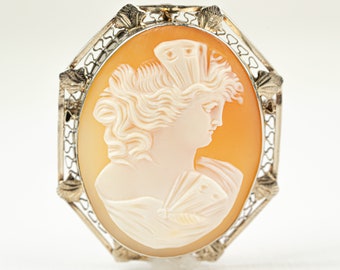 May include: A cameo brooch featuring a carved shell cameo of a woman's profile, set in a silver filigree frame.