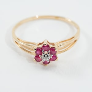 Ruby Cluster Ring with diamond accents, 10k yellow gold, Size 9